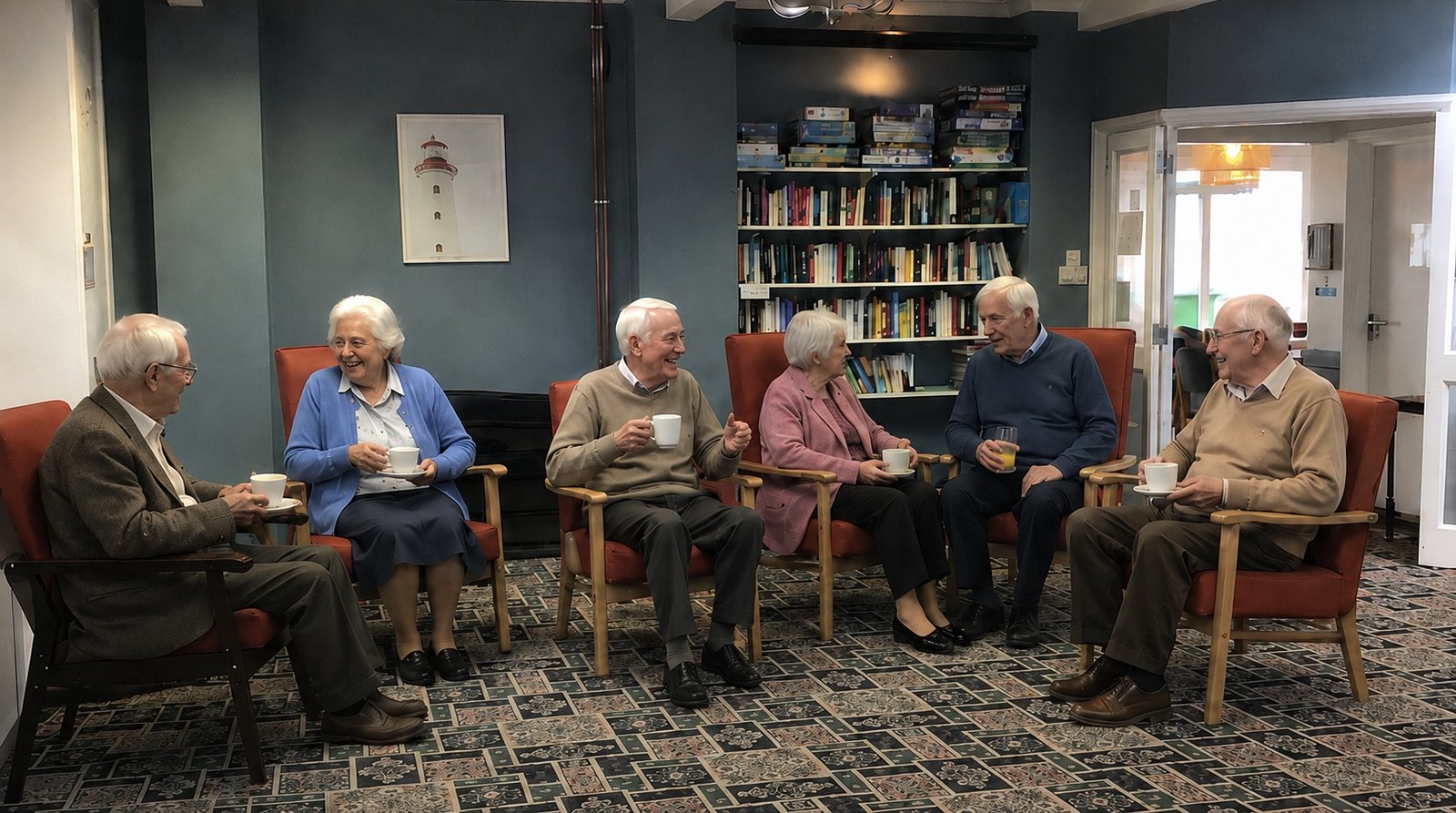 Group of people in the lounge of Twyford House enjoying a chat and a cup of tea